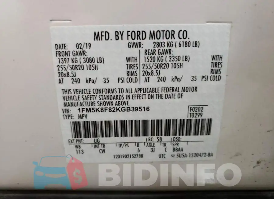 1FM5K8F82KGB39516 Photo# 13