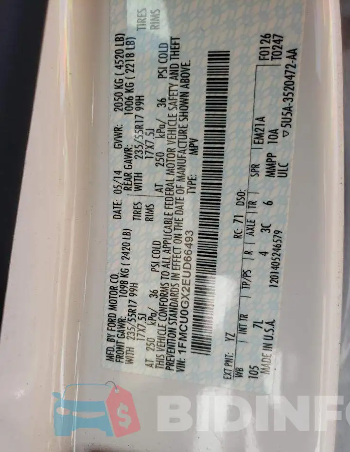 1FMCU0GX2EUD66493 Photo# 13