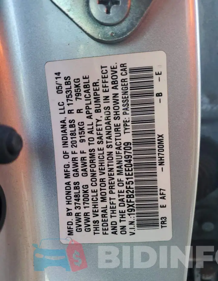 19XFB2F51EE049709 Photo# 12