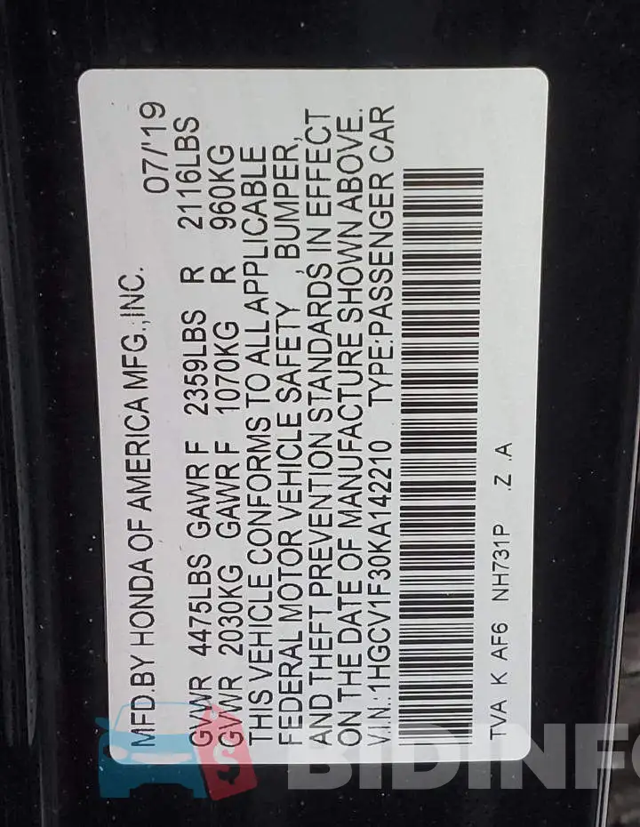 1HGCV1F30KA142210 Photo# 12