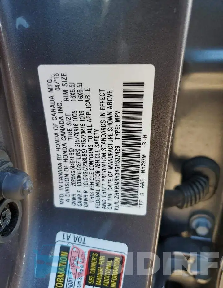 2HKRM3H34GH537429 Photo# 12