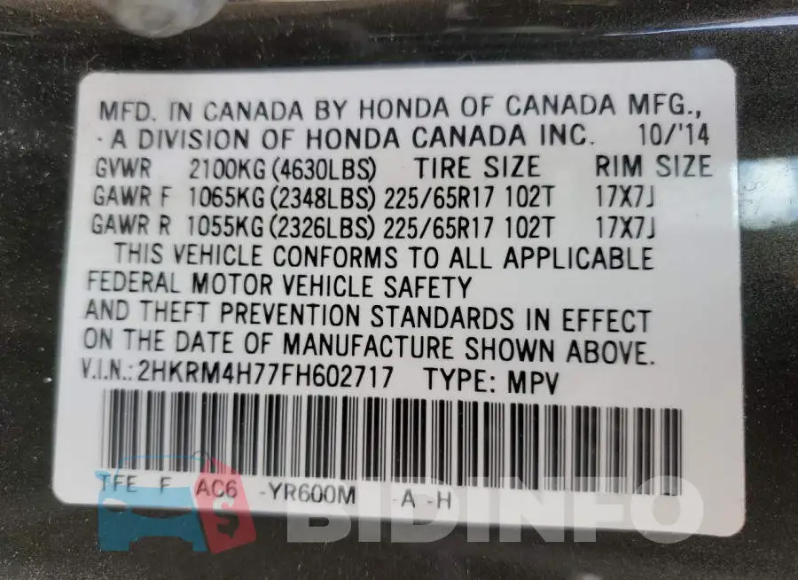 2HKRM4H77FH602717 Photo# 13
