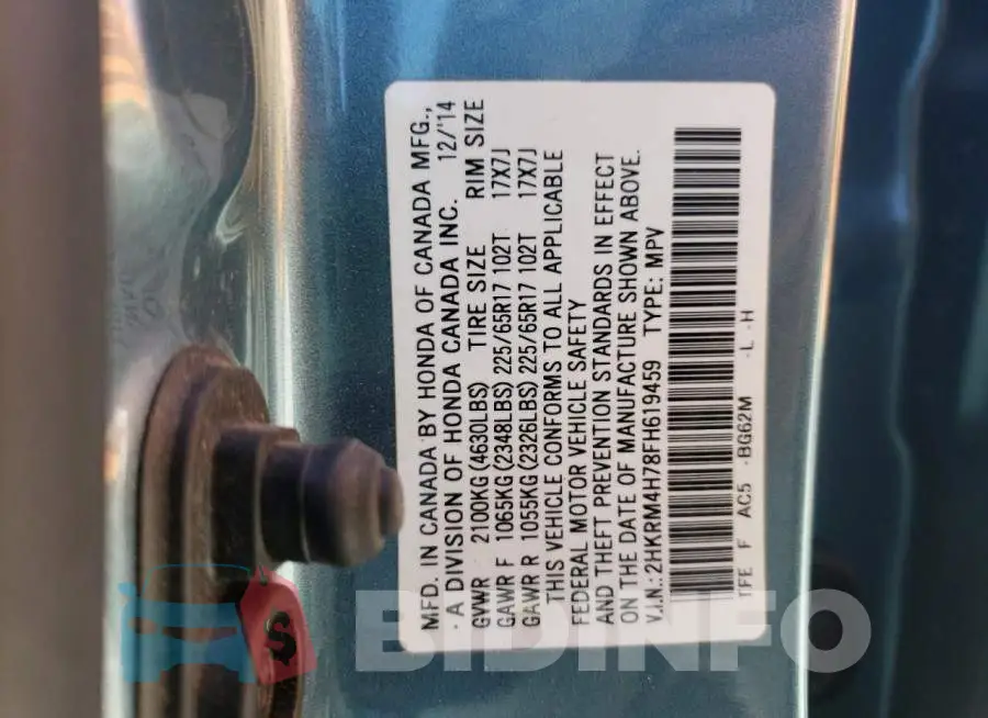2HKRM4H78FH619459 Photo# 14