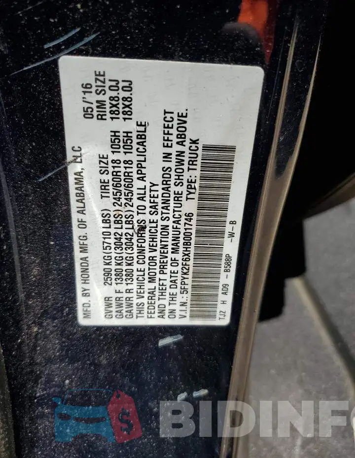 5FPYK2F6XHB001746 Photo# 13