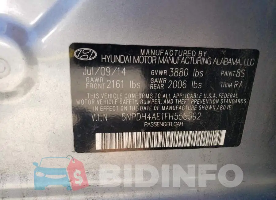 5NPDH4AE1FH558592 Photo# 12