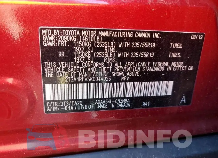 2T3A1RFV5KC044925 Photo# 13