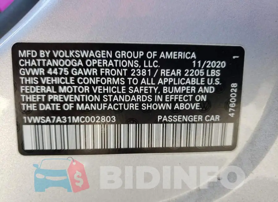 1VWSA7A31MC002803 Photo# 12