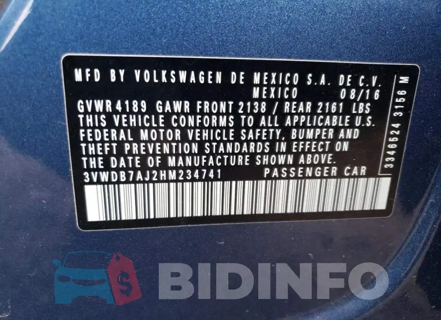 3VWDB7AJ2HM234741 Photo# 13