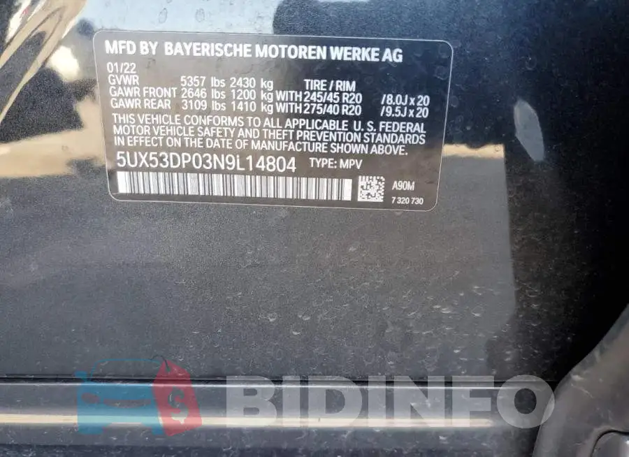 5UX53DP03N9L14804 Photo# 12