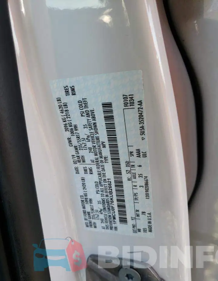 1FMCU0F76KUB26621 Photo# 10