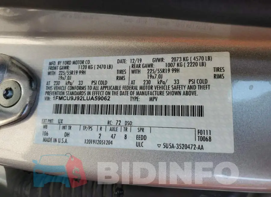 1FMCU9J92LUA59062 Photo# 12