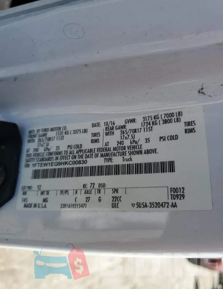 1FTEW1EG9HKC00830 Photo# 12