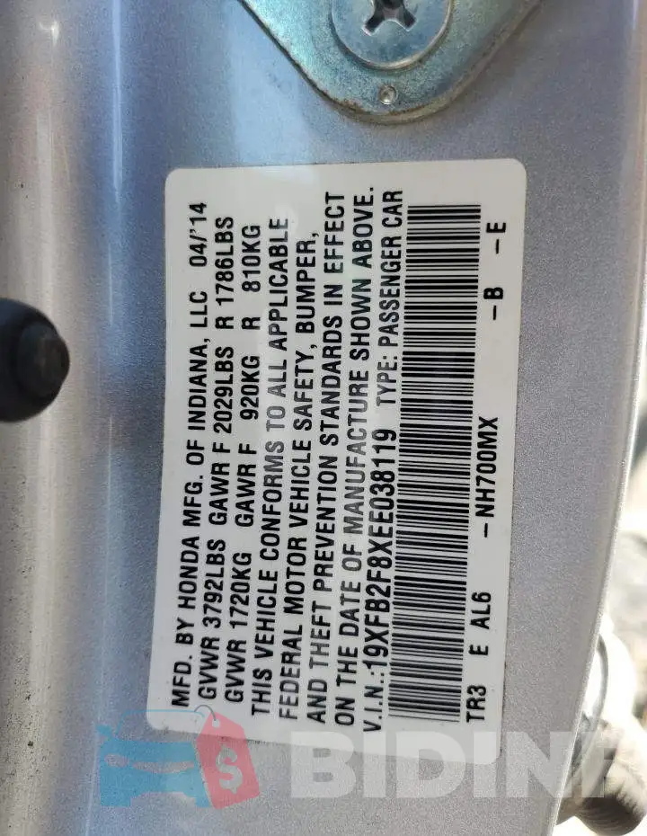 19XFB2F8XEE038119 Photo# 13