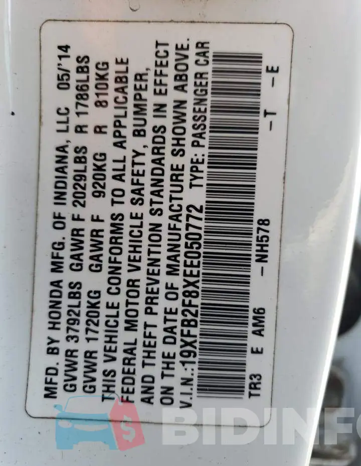 19XFB2F8XEE050772 Photo# 12
