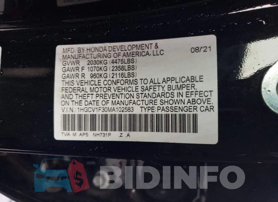1HGCV1F30MA102583 Photo# 12