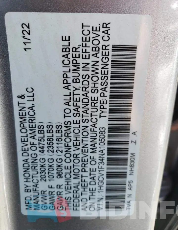 1HGCV1F34NA105083 Photo# 13