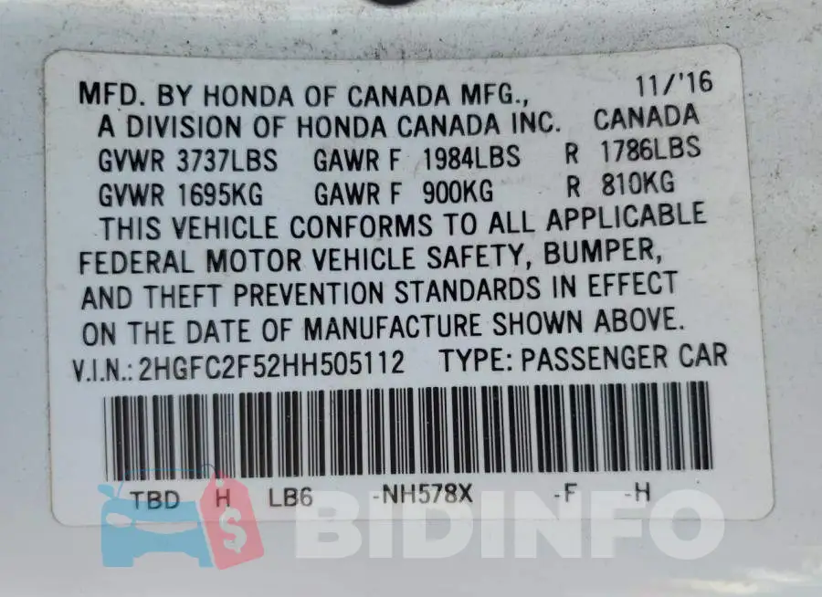 2HGFC2F52HH505112 Photo# 13