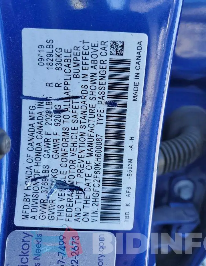 2HGFC2F60KH600087 Photo# 12