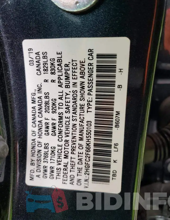 2HGFC2F66KH550103 Photo# 12