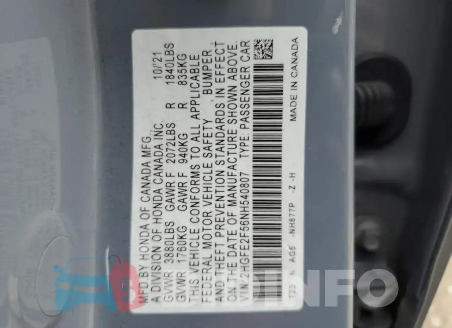2HGFE2F56NH540807 Photo# 12
