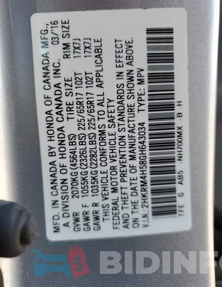 2HKRM4H58GH643034 Photo# 13