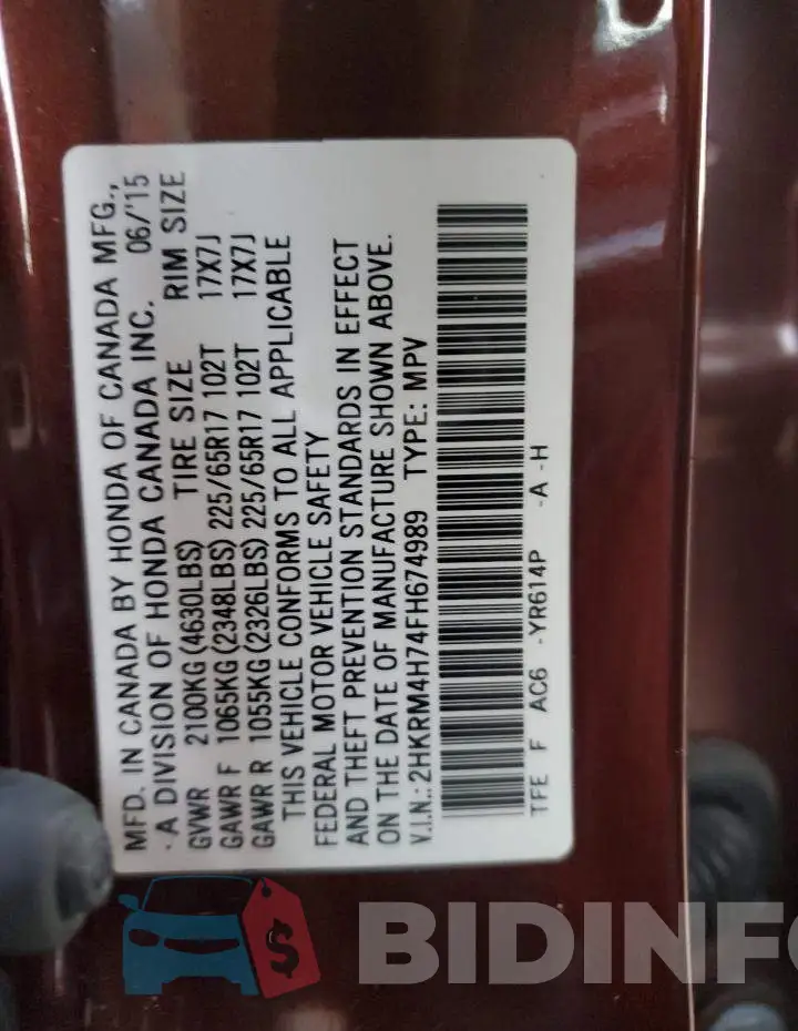 2HKRM4H74FH674989 Photo# 14