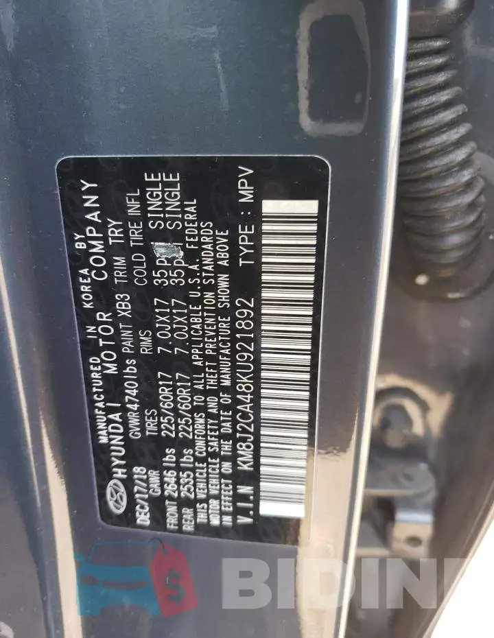 KM8J2CA48KU921892 Photo# 13