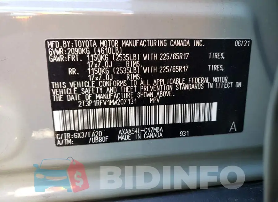 2T3P1RFV1MW207131 Photo# 13