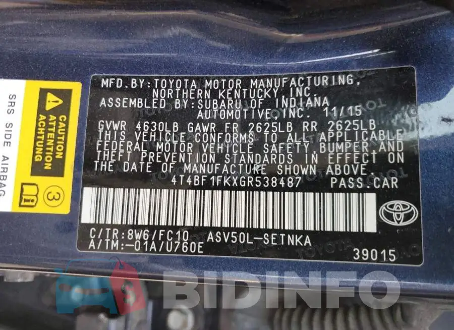 4T4BF1FKXGR538487 Photo# 12