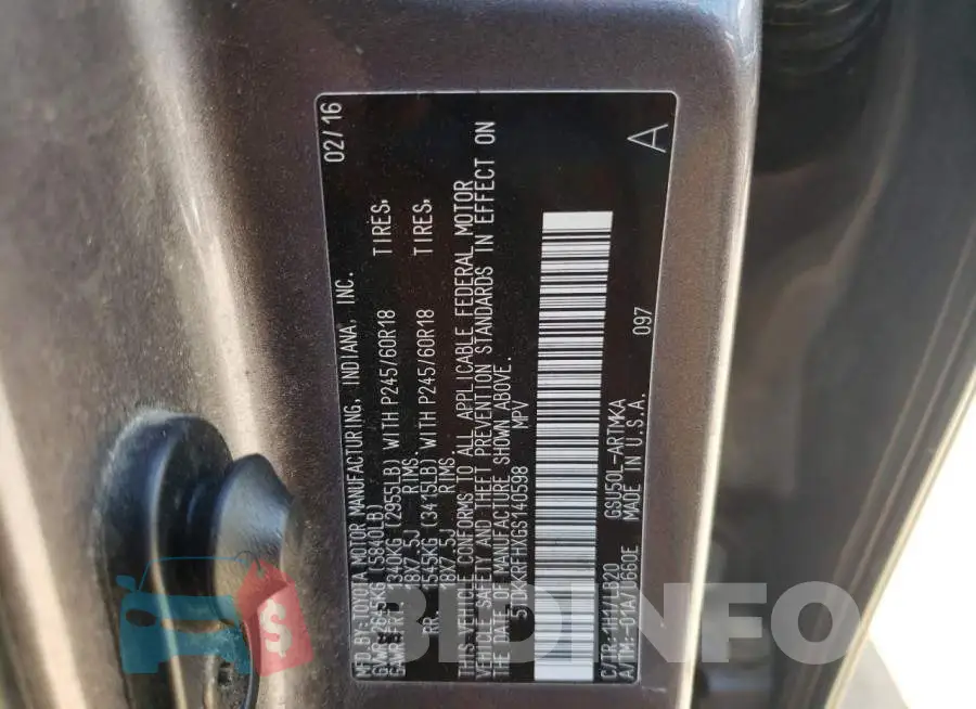 5TDKKRFHXGS140598 Photo# 13