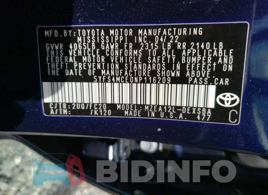 5YFS4MCE0NP116209 Photo# 12