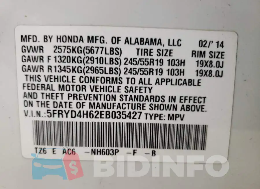 5FRYD4H62EB035427 Photo# 13