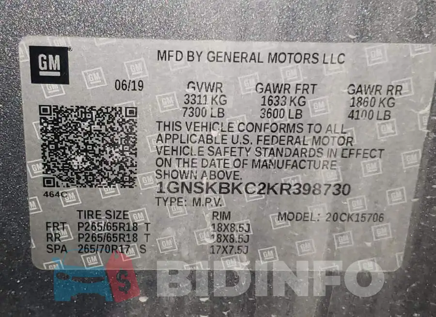 1GNSKBKC2KR398730 Photo# 10