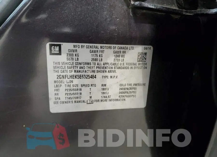 2GNFLHEK5E6325484 Photo# 13