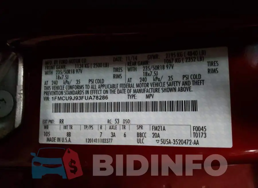1FMCU9J93FUA78286 Photo# 10