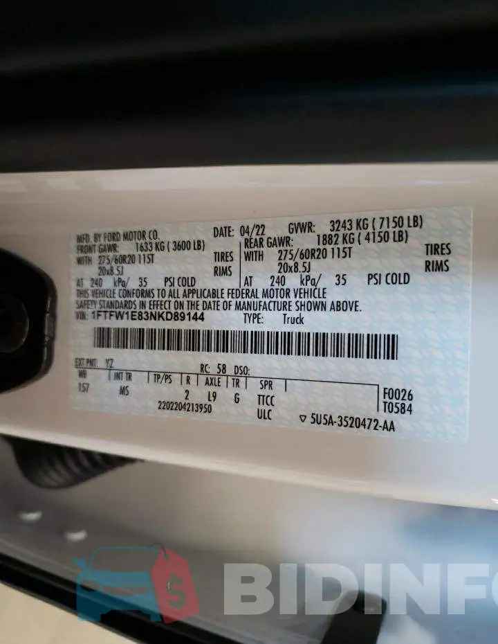 1FTFW1E83NKD89144 Photo# 12
