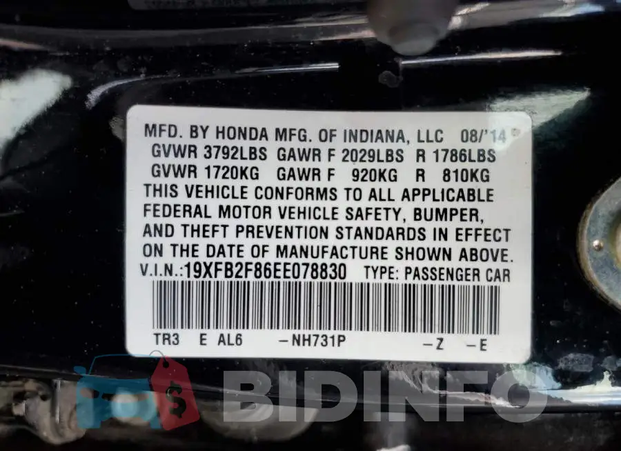 19XFB2F86EE078830 Photo# 13