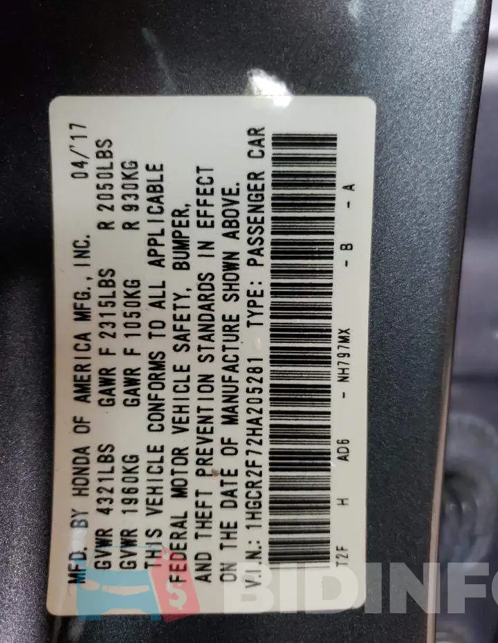 1HGCR2F72HA205281 Photo# 13