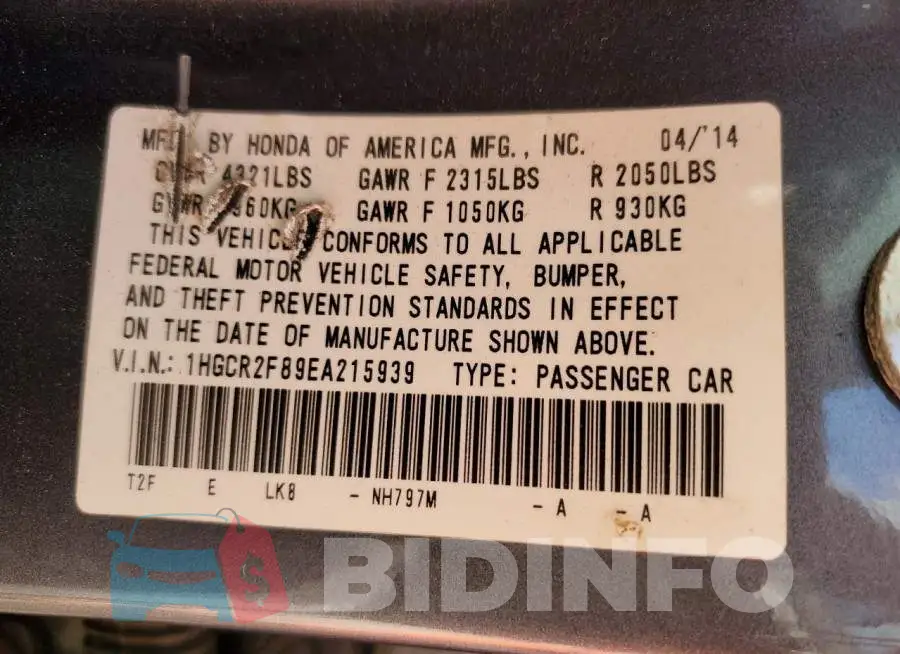 1HGCR2F89EA215939 Photo# 12