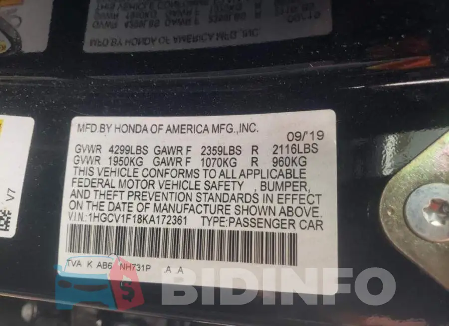 1HGCV1F18KA172361 Photo# 10