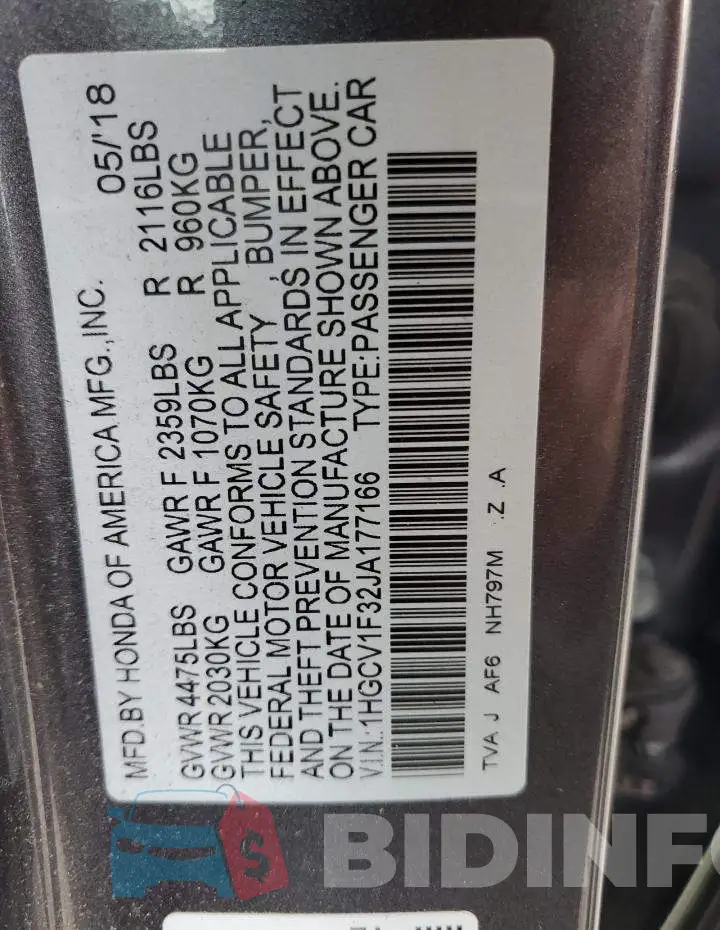 1HGCV1F32JA177166 Photo# 12