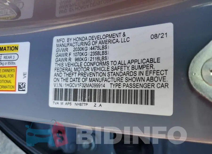 1HGCV1F32MA099914 Photo# 12