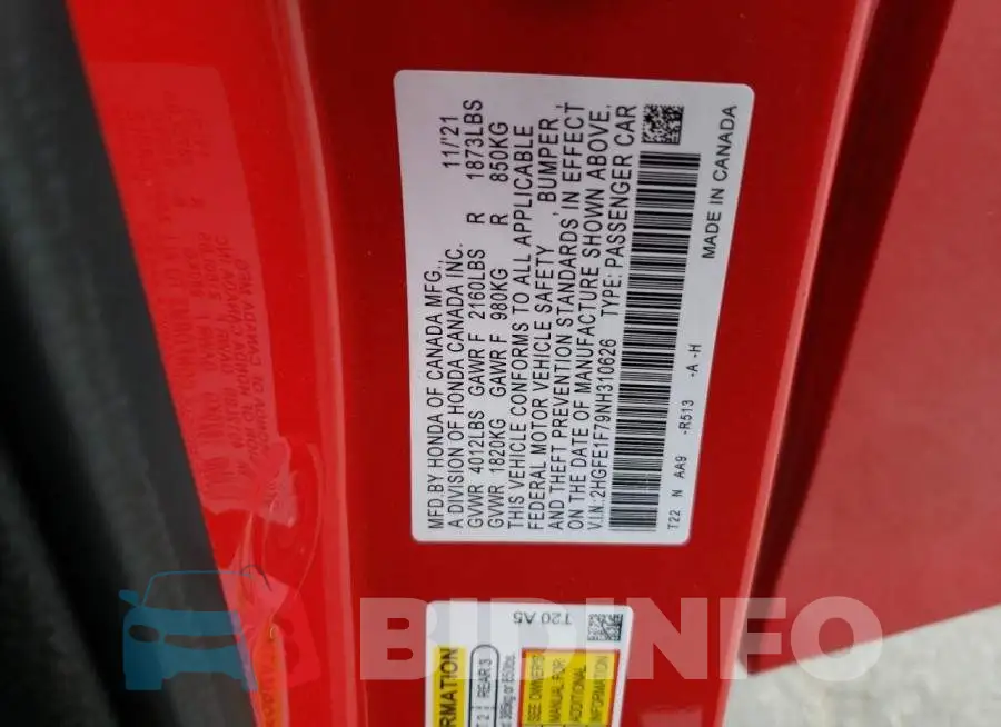2HGFE1F79NH310626 Photo# 12