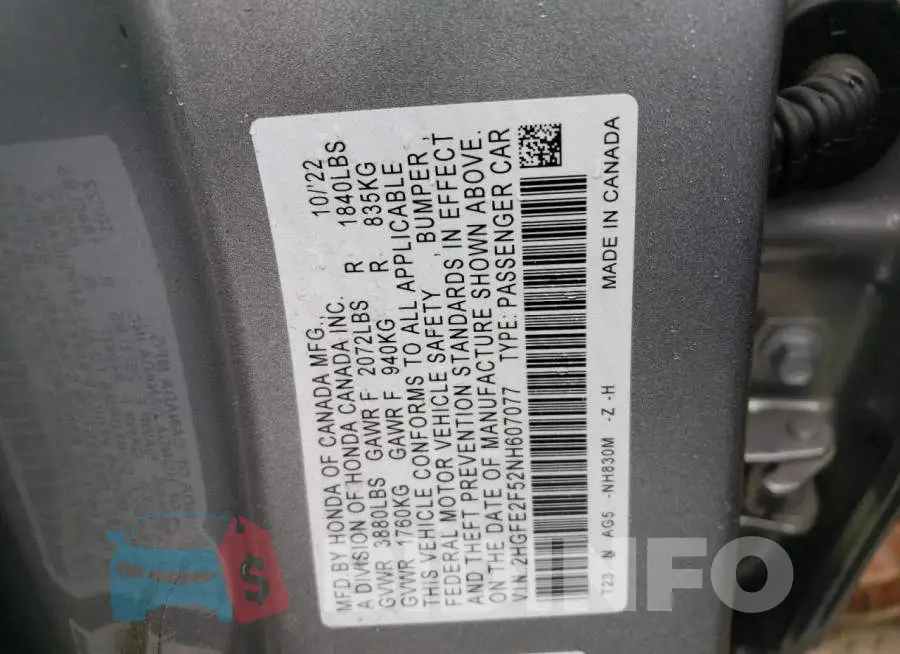 2HGFE2F52NH607077 Photo# 12