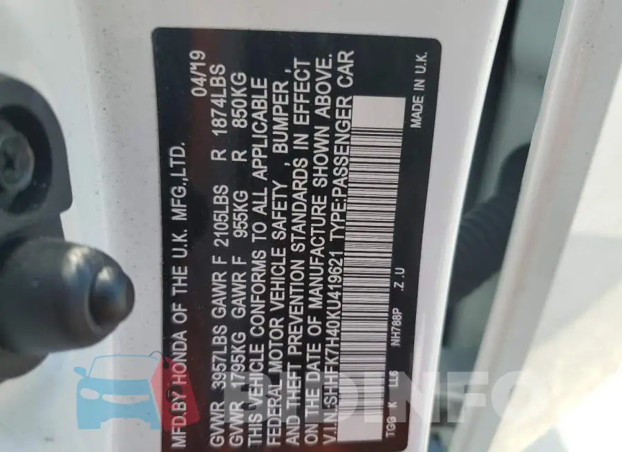 SHHFK7H40KU419621 Photo# 12