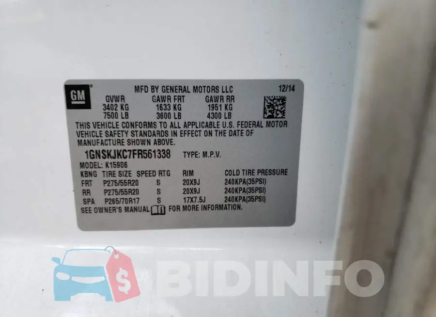 1GNSKJKC7FR561338 Photo# 13