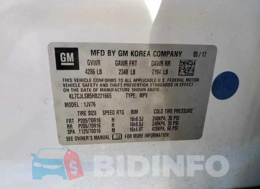 KL7CJLSB5HB221665 Photo# 14