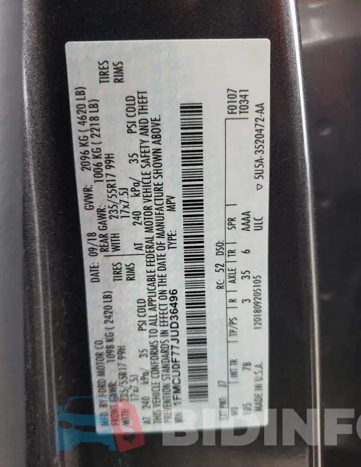 1FMCU0F77JUD36496 Photo# 13
