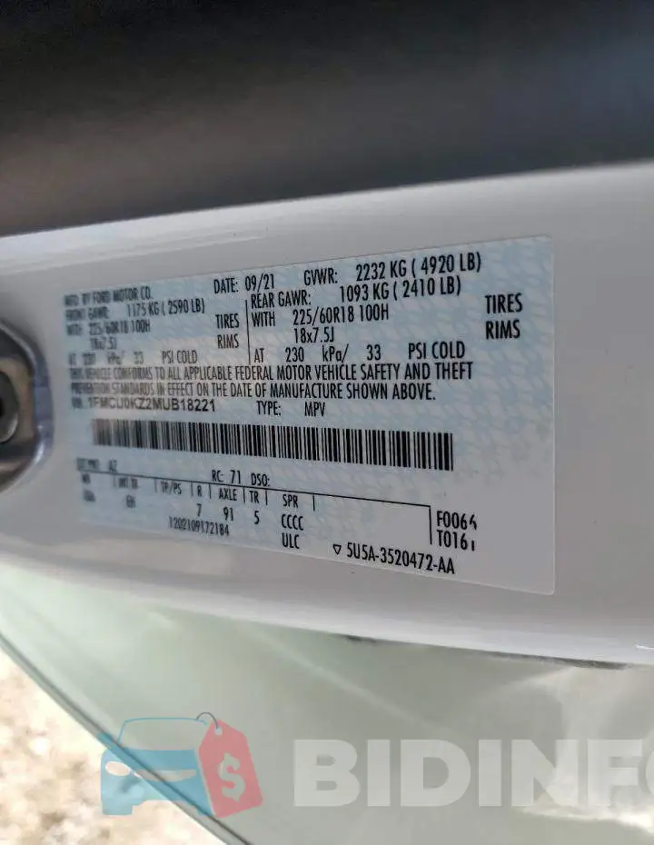 1FMCU0KZ2MUB18221 Photo# 13