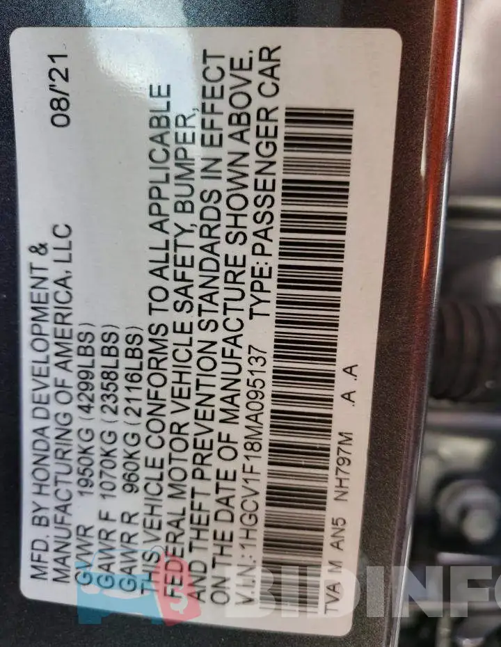 1HGCV1F18MA095137 Photo# 12